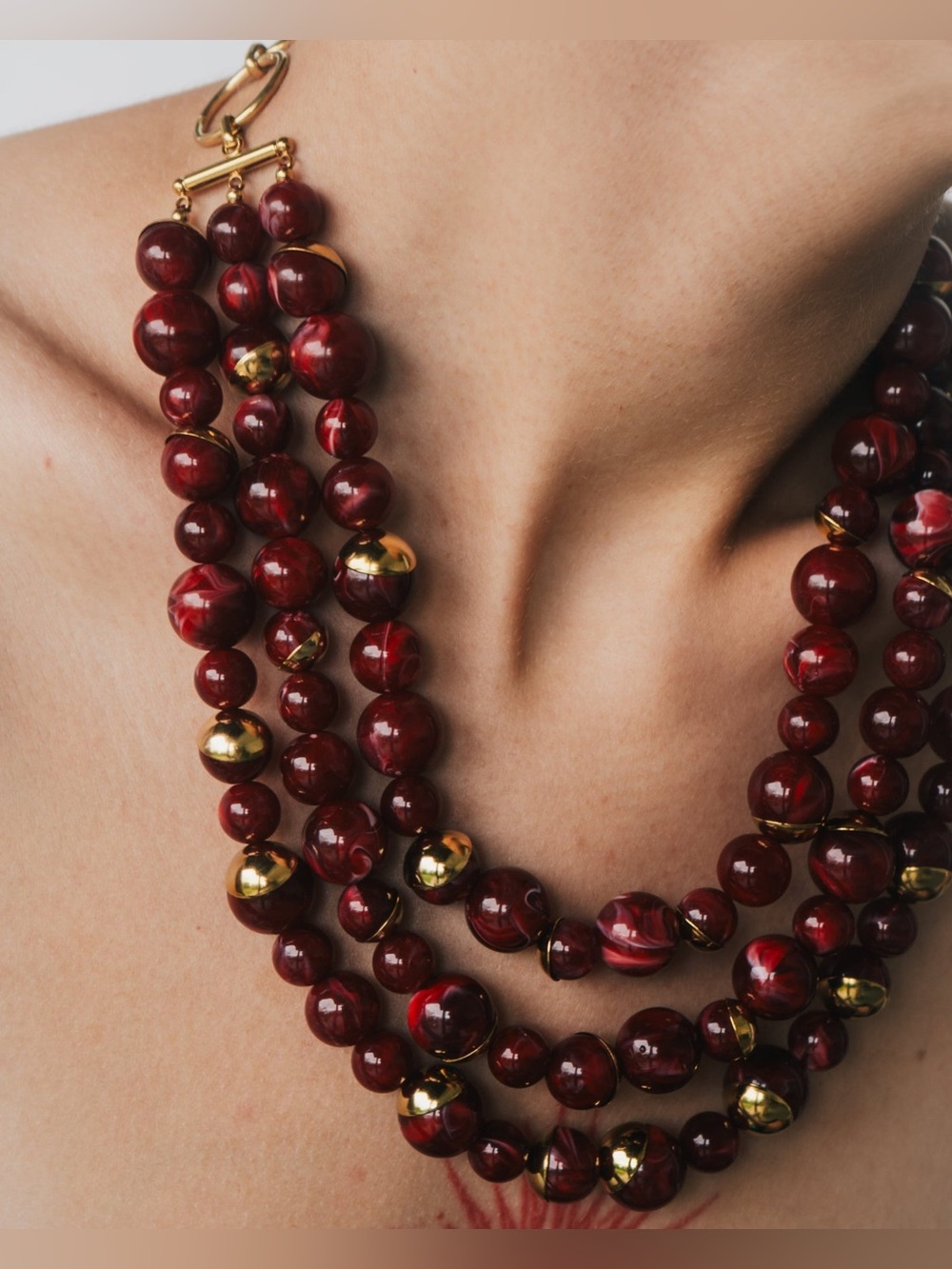 Red Imitation Pearl Multi-Layer Statement Necklace | 18K PVD Gold Plated - Picture 4 of 5